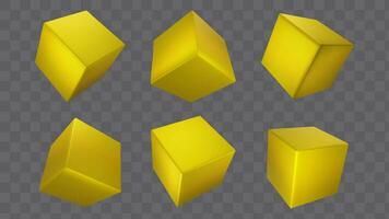 3d gold metal cube box vector render. Golden glossy square shape isolated on background. Realistic cubic stage icon with different angle and side set. Metalic deluxe geometry podium or package.