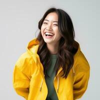 retrato de asiático mujer en vívido chaqueta, sonriente y mirando contento aislado foto