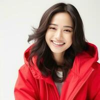 Portrait of asian woman in vivid jacket, smiling and looking happy isolated photo