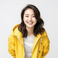 Portrait of asian woman in vivid jacket, smiling and looking happy isolated photo