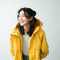 Portrait of asian woman in vivid jacket, smiling and looking happy isolated photo