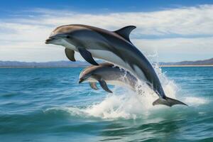 Dolphins jumping on the waves photo