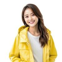 Portrait of asian woman in vivid jacket, smiling and looking happy isolated photo