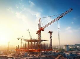 Construction site with cranes on top of buildings photo