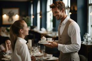 Waiter serving coffee to woman at table photo