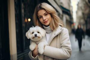 Girl in a white jacket walking down the street with a dog in her arms photo