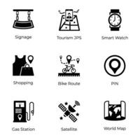 Set of Different Locations, Maps and Navigations Glyph Icons vector