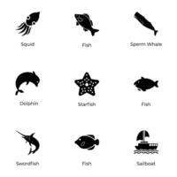 Premium Bundle of Glyph Style Marine Animals Icons vector