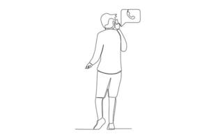 Single continuous line drawing of a a man is on the phone using whatsapp social media with a standing position looking from behind vector