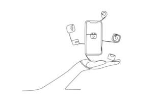 Single continuous line drawing of a hand with mobile phone with reels, comment,  instagram, facebook, maps, and mail icons vector