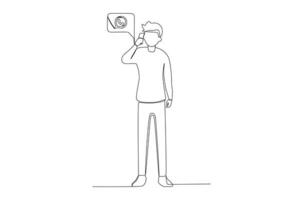 Single continuous line drawing of a man making a call using social media whatsapp standing front view vector