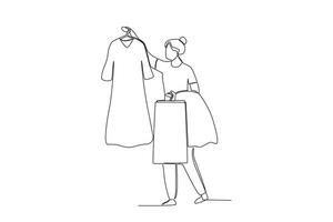 A continuous one-line image of a female shopper choosing the clothes they want to buy vector
