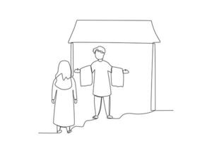 A continuous line drawing of a cloth seller offering his wares in a traditional marketplace vector