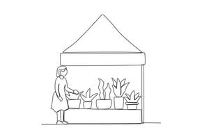 One continuous line drawing of a buyer looking at plants for sale vector