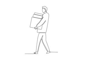 Draw one continuous line of a male shopper with the item he bought vector