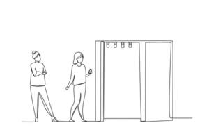 A continuous line drawing of customers queuing to use the changing rooms in a modern marketplace. vector