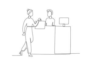 Continuous one-line image of a buyer making a payment to the cashier vector