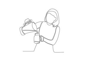 Single continuous line drawing of Woman Is Pouring Juice From Blender Into Glass. Healthy food concept one line drawing design vector minimalism illustration.