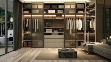 A stylish and functional wardrobe for clothing. Created with Generative AI photo