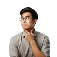 Thinking, face and asian man with decision isolated png