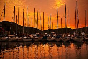 Yacht port over orange sunset photo