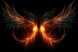 abstract fire wings on a black background, fractal art design, Fire wings on a dark background, Abstract fractal. Fractal art background for creative design. Decoration for wallpaper, AI Generated photo