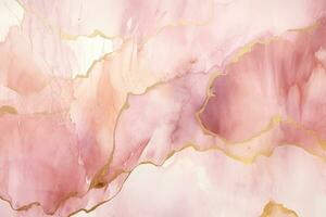 Pink abstract background with marble texture and gold glittering pattern. Alcohol ink painting. Abstract dusty blush liquid watercolor background with golden cracks and stains, AI Generated photo