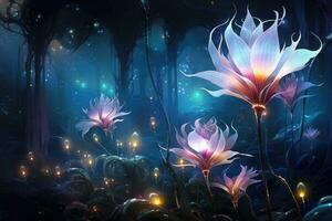 Magic forest with flowers. Fantasy landscape. Digital painting. 3D illustration. Abstract fantasy space plants and glowing flowers, AI Generated photo