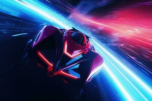 Cyborg man in futuristic helmet with glowing neon lines. 3D rendering, Abstract Expressionism Meets Hyperrealistic Minimalism in Synthwave Spaceship, AI Generated photo