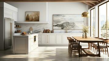 3d rendering of a white kitchen with white tiles photo