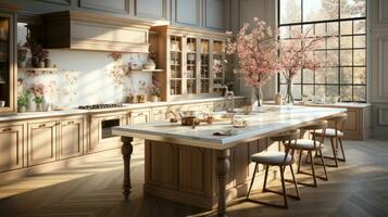 3d rendering of a wooden kitchen with white bricks, an island and many plants photo