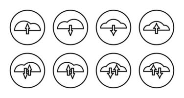 upload and download icon set, with arrow and cloud symbol. technology, internet and computer concept. vector for mobile app, web.