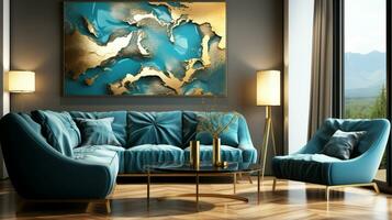 Blue sofa in white living room interior with 3d rendering photo