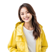retrato de asiático mujer en vívido chaqueta, sonriente y mirando contento aislado png