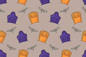 Funny terrifying doodle graves with the inscription RIP and bats in the cemetery. Vector seamless halloween kids pattern.