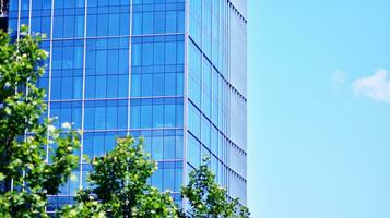 Eco architecture. Details of facade glass and aluminum panels on  building. Green tree and modern office building. The harmony of nature and modernity. photo