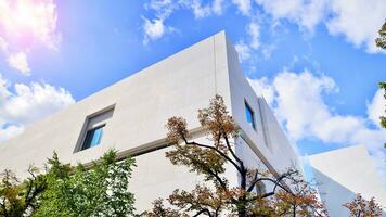 Modern white concrete building walls against blue sky. Eco architecture. Green trees and concrete office building. The harmony of nature and modernity. photo