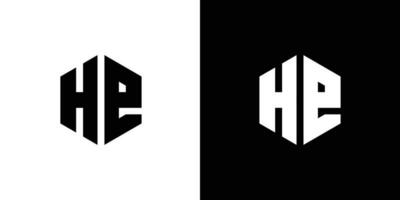 Letter H E polygon, Hexagonal minimal and professional logo design on black and white background vector