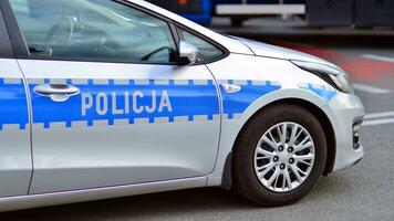 Warsaw, Poland. 29 July 2023. Police sign on police car. Polish police. photo