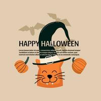 Happy Halloween card design with cat. Vector illustration in cartoon style.