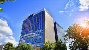 Eco building in modern city concept. Fresh green trees and office building, business concept. photo