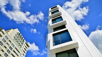 The facade of the new apartment building shaped like cubes. Minimalist  apartment building of a cube structure. photo