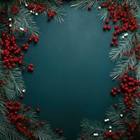 White paper on christmas background covered by fir branches with red photo