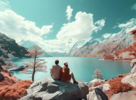 Couples looking at a lake in the mountains photo