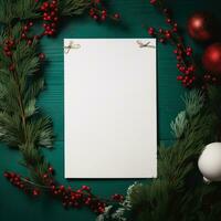 White paper on christmas background covered by fir branches with red photo