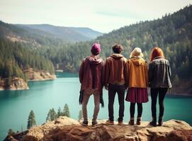 Couples looking at a lake in the mountains photo