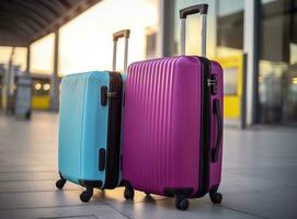 Suitcases on a wall at the airport photo