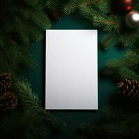 White paper on christmas background covered by fir branches with red photo