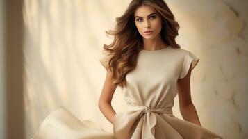 Fashion model in beige dress photo