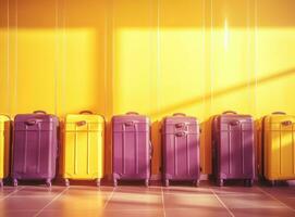 Suitcases on a wall at the airport photo